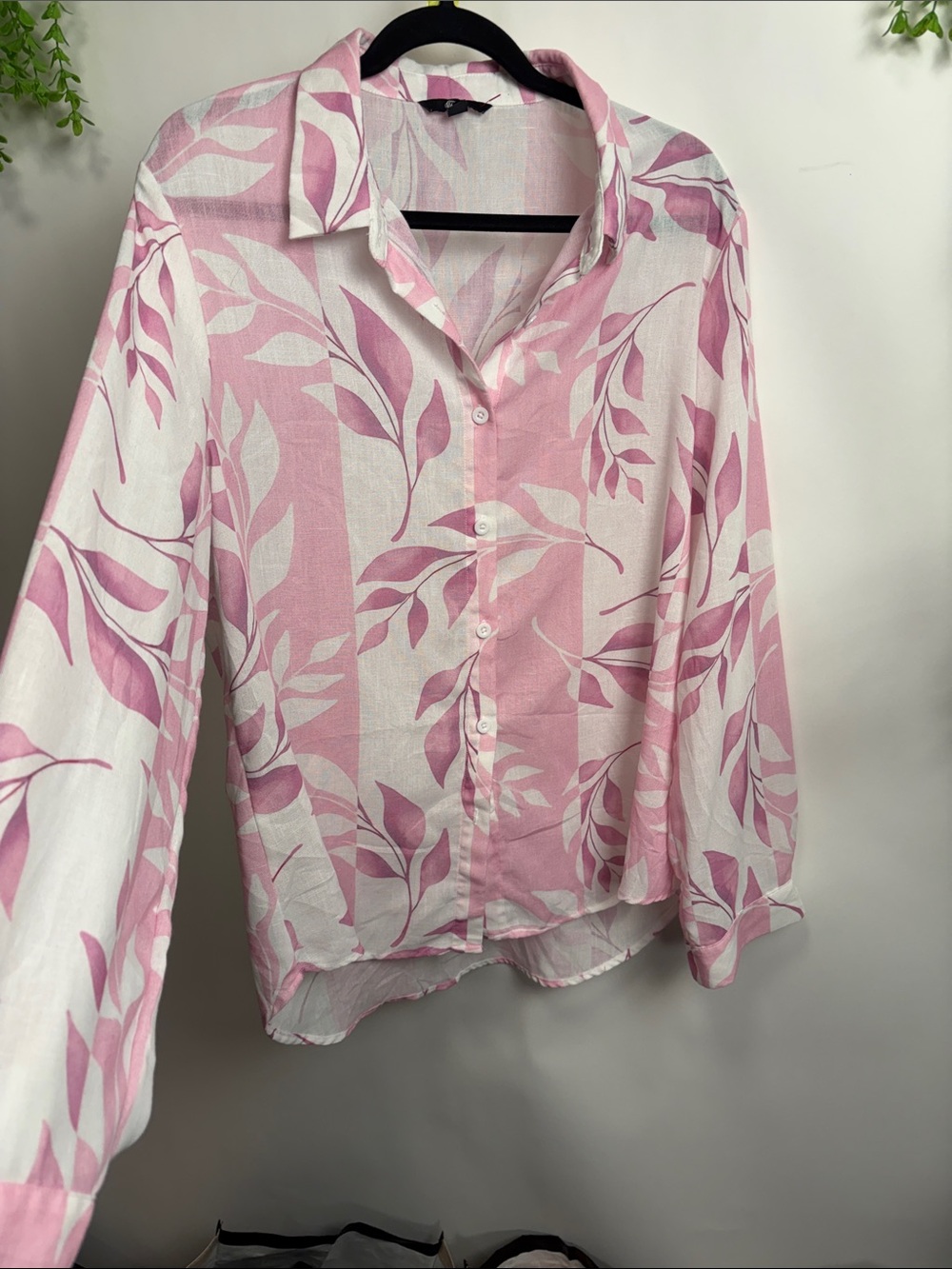 Pink Leaf-Print Button-Down Shirt